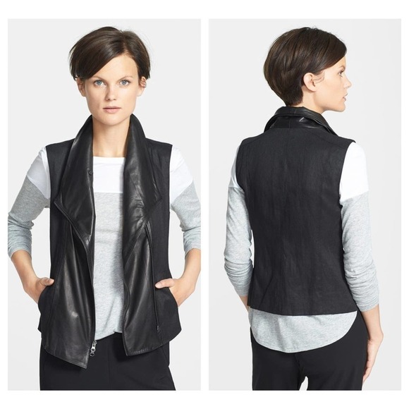 VINCE Asymmetric Leather Linen-Blend Vest (M) - Picture 2 of 9